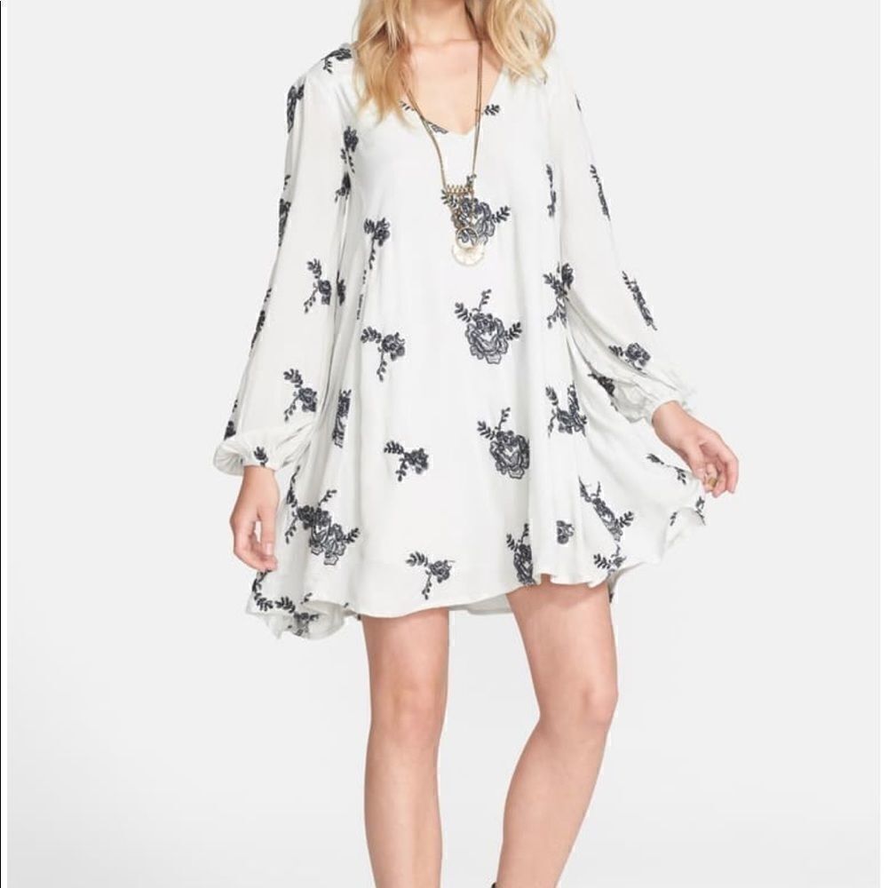 FREE People Emma Mint Floral Embroidered Long Sleeve Boho Swing Mini Dress XS
